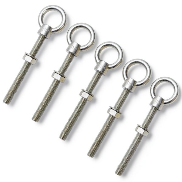 QWORK Stainless Steel Machinery Eye Bolt with Shoulder, 5 Pack 3/8" x 4" Long 304 Stainless Steel Marine Grade Shoulder Eye Bolt, Threaded Eyebolts-0