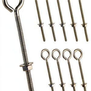 QWORK Eye Bolts, 10 Pack 1/4" x 4" Stainless Steel Long Threaded Eyebolts with Nuts, for Hanging or Securing Cables-0