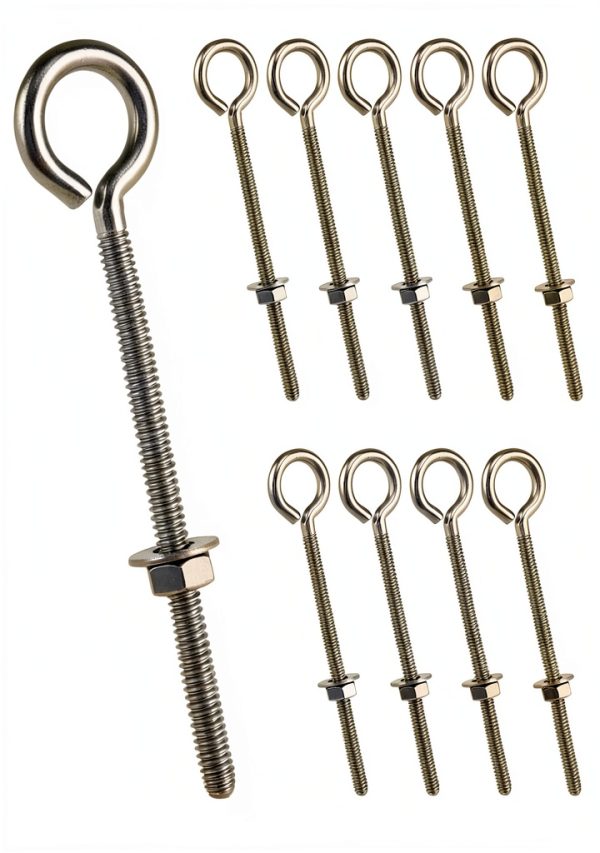 QWORK Eye Bolts, 10 Pack 1/4" x 4" Stainless Steel Long Threaded Eyebolts with Nuts, for Hanging or Securing Cables-0
